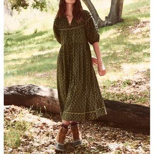 THE GREAT. Olive Green Printed Midi Dress